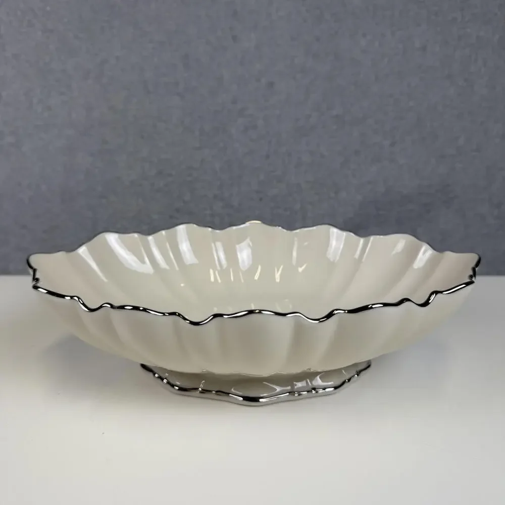 Vintage Lenox Made in USA White Oval Footed Bowl Black Trim